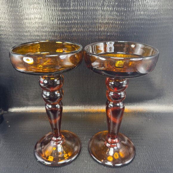 Vintage Mid Century Amber Glass Candle Holders Votive Pillar Heavy Glass Set 2 - Picture 14 of 14